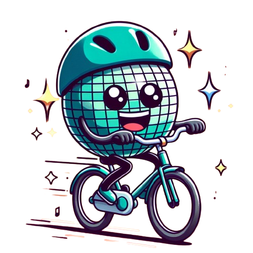 Drawing of a disco ball riding on a bicycle